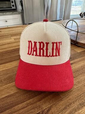 C.C Cream and Red 'DARLIN' Corduroy Baseball Cap